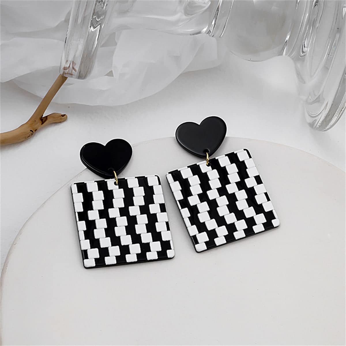 Black Acrylic & Silvertone Abstract Checkerboard Earrings