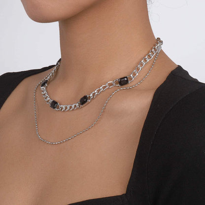 Black Crystal & Silvertone Dual-Chain Station Layered Necklace