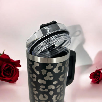 Engraved Leopard Print 40 oz Tumbler with Handle and Straw Lid