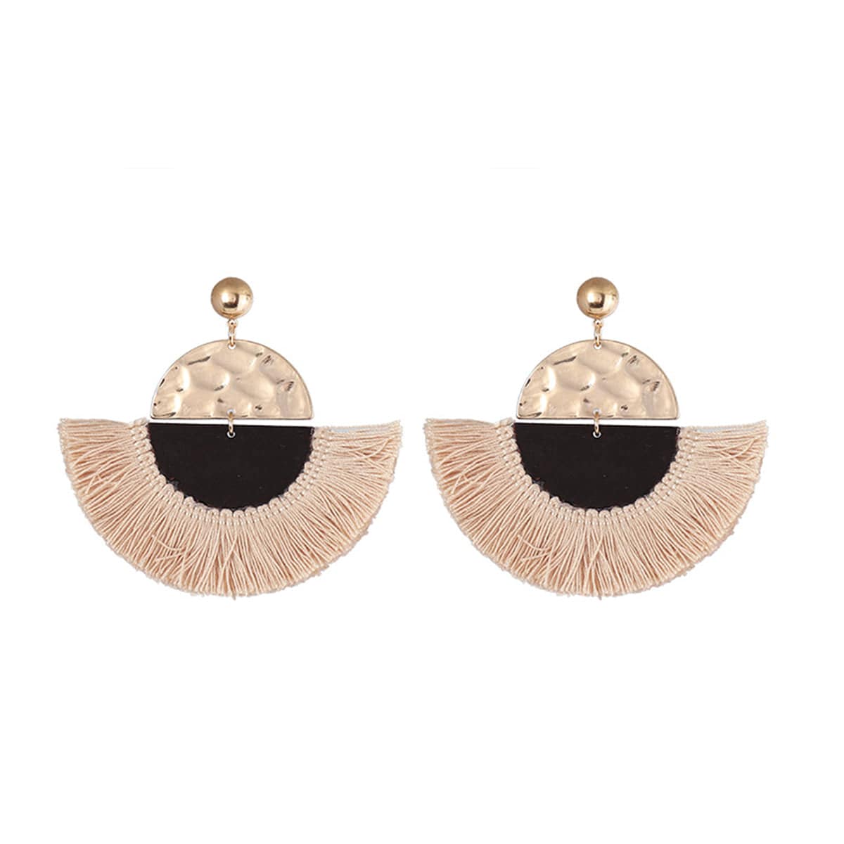 Beige Polyster & Wood Goldtone Patchwork Fan Drop Earrings