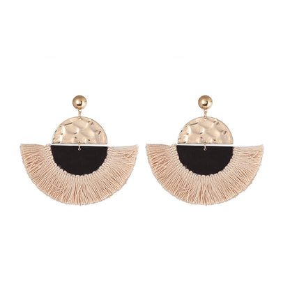 Beige Polyster & Wood Goldtone Patchwork Fan Drop Earrings