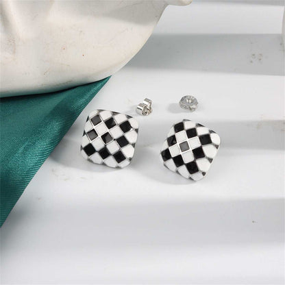 Black & White Silvertone Checkerboard Square Stud Earrings