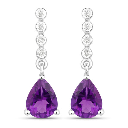 Genuine Purple Amethyst and Lab Diamond Silver Dangle Earrings