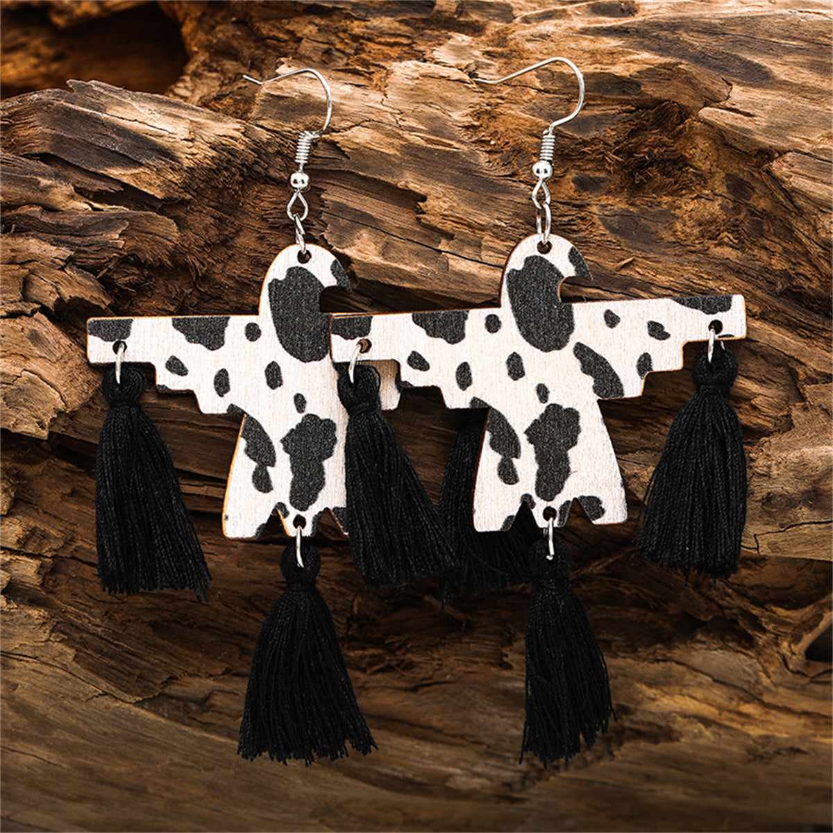 Black & Wood Silvertone Cow-Print Scarecrow Drop Earrings