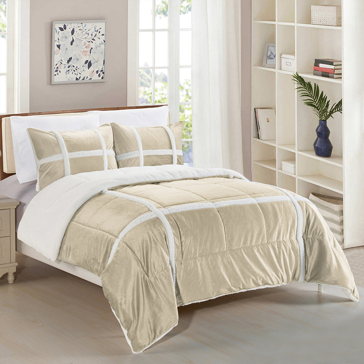 Elegant Comfort 3-Piece Stripe Micro-Suede Reversible Sherpa - Comforter Set