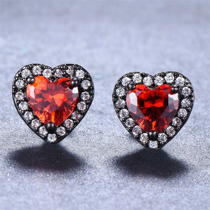 Red Crystal & Cubic Zirconia Blacktone Halo Heart Stud Earrings