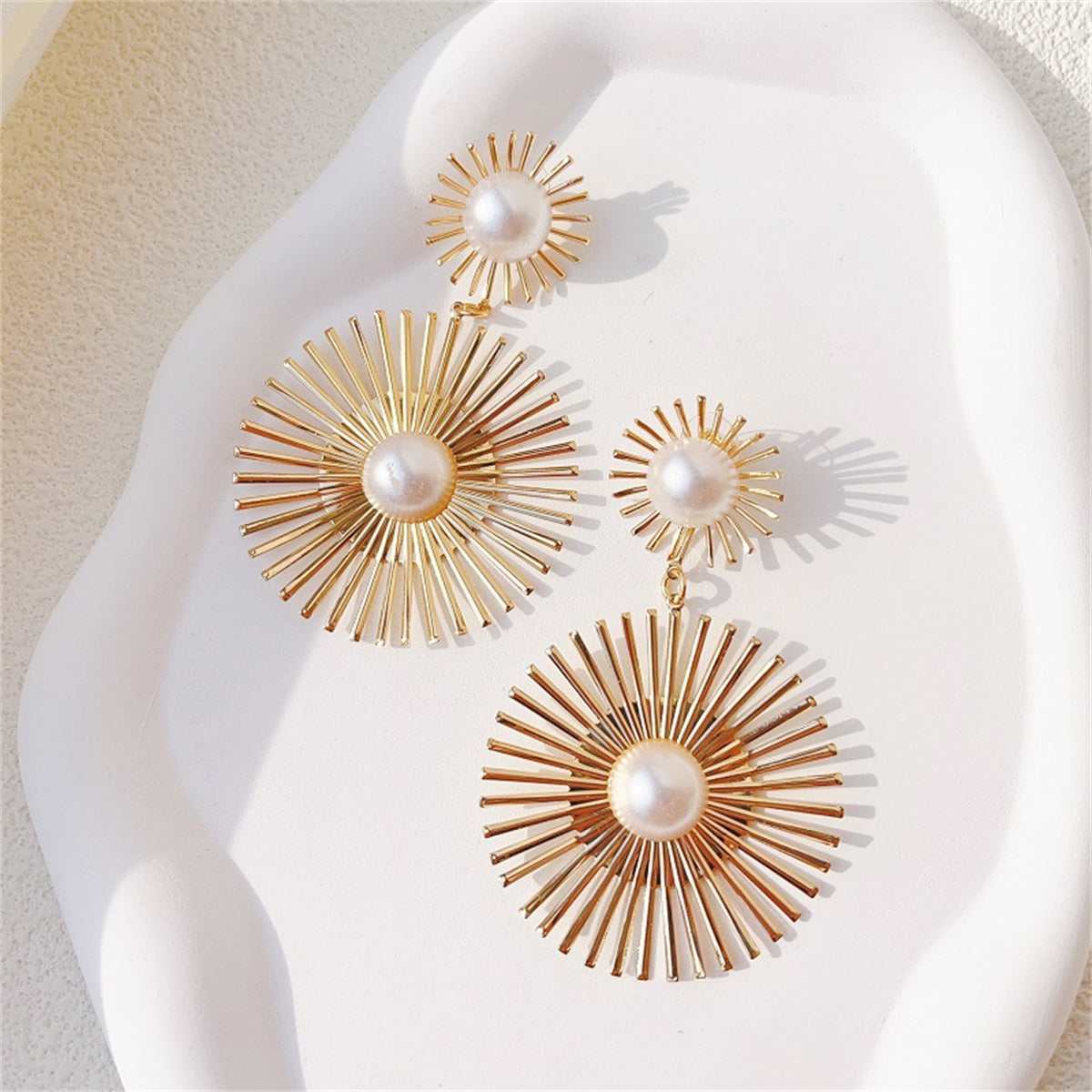 Pearl & Goldtone Abstract Botanical Drop Earrings