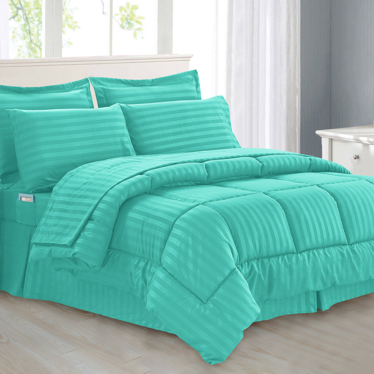 Elegant Comfort 8-Piece Dobby Stripe Comforter Set - Includes 4-Piece Sheet Set with Double Sided Storage Pockets