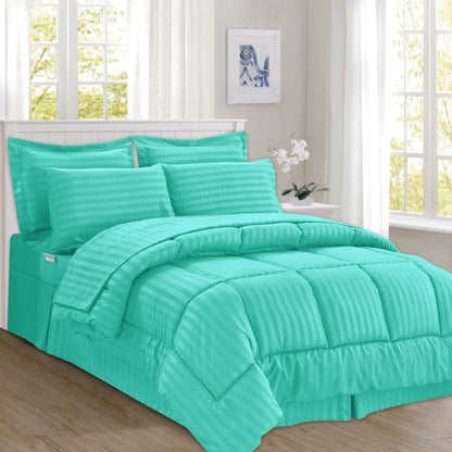 Elegant Comfort 8-Piece Dobby Stripe Comforter Set - Includes 4-Piece Sheet Set with Double Sided Storage Pockets