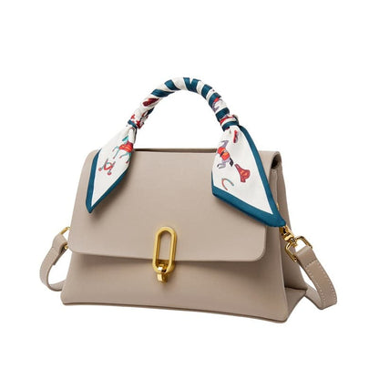 Elegant Apricot Leather Satchel Bag with Silk Scarf Handle