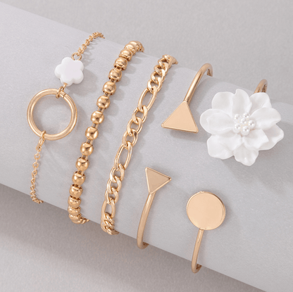 Goldtone White Floral Chain Bracelet Set