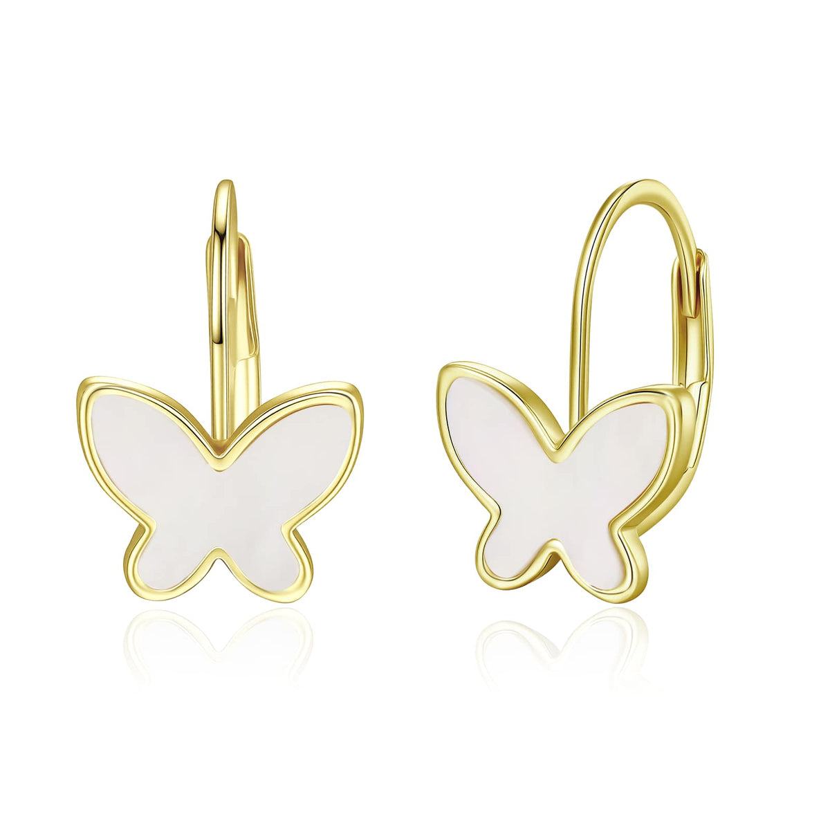 14k Yellow Gold Plated with Mother of Pearl Butterfly Inlay Dangle Drop Leverback Earrings