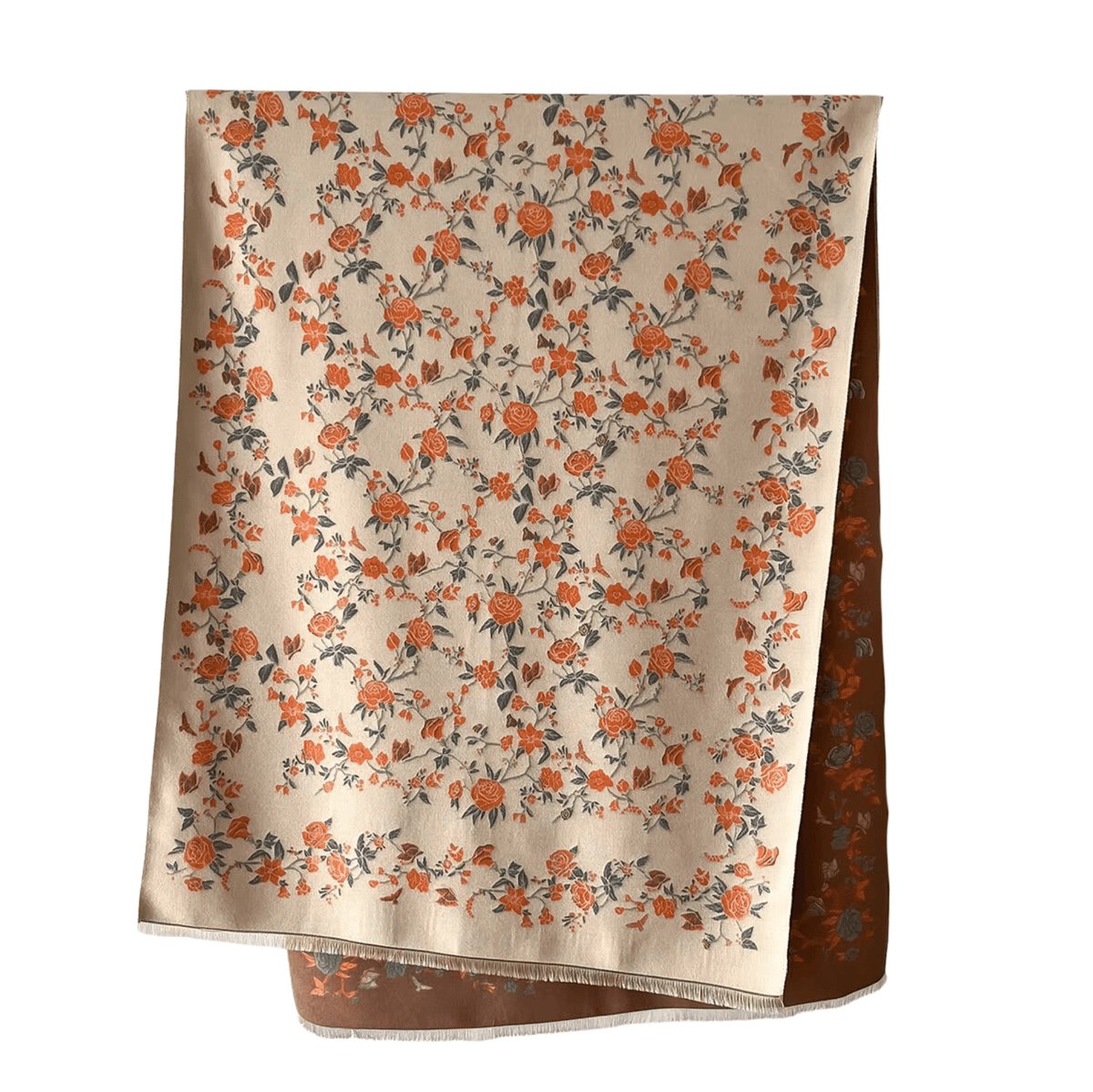 Delicate Orange Floral Beige Fringe-Trimmed Scarf