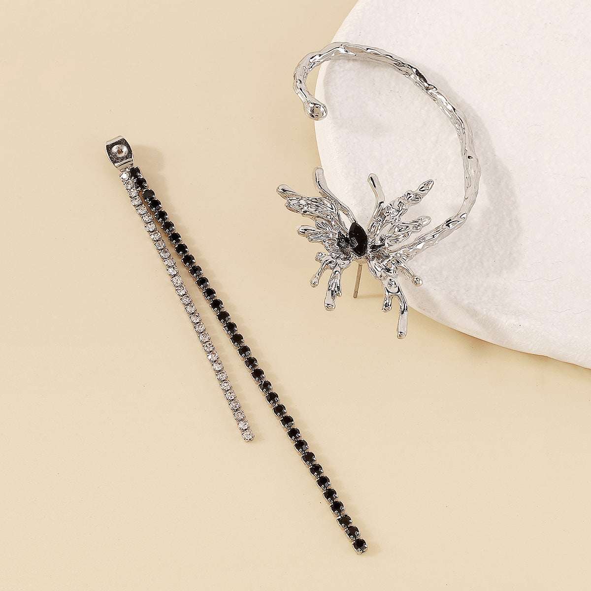 Black Crystal & Cubic Zirconia Butterfly Tassel Ear Cuff