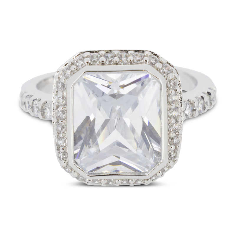 Covet Rhodium Plated Cubic Zirconia Large Square Cut Silver Ring - Size Q