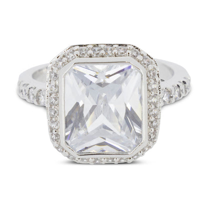 Covet Rhodium Plated Cubic Zirconia Large Square Cut Silver Ring - Size Q