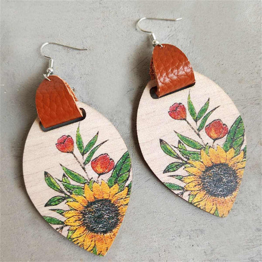 Yellow Wood & Silvertone Sunflower Drop Earrings