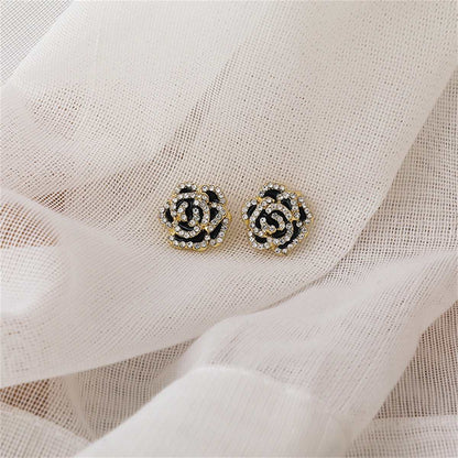 Black & Cubic Zirconia Pavé Camellia Stud Earrings