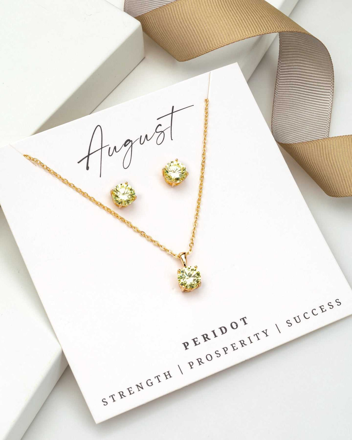 Gold Peridot - August Swarovski Crystal Necklace Earrings – Cz Birthstone Stud Earring Circular Pendant Set
