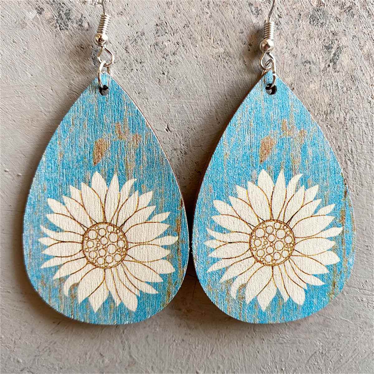 Aqua Wood & Silvertone Lotus Drop Earrings