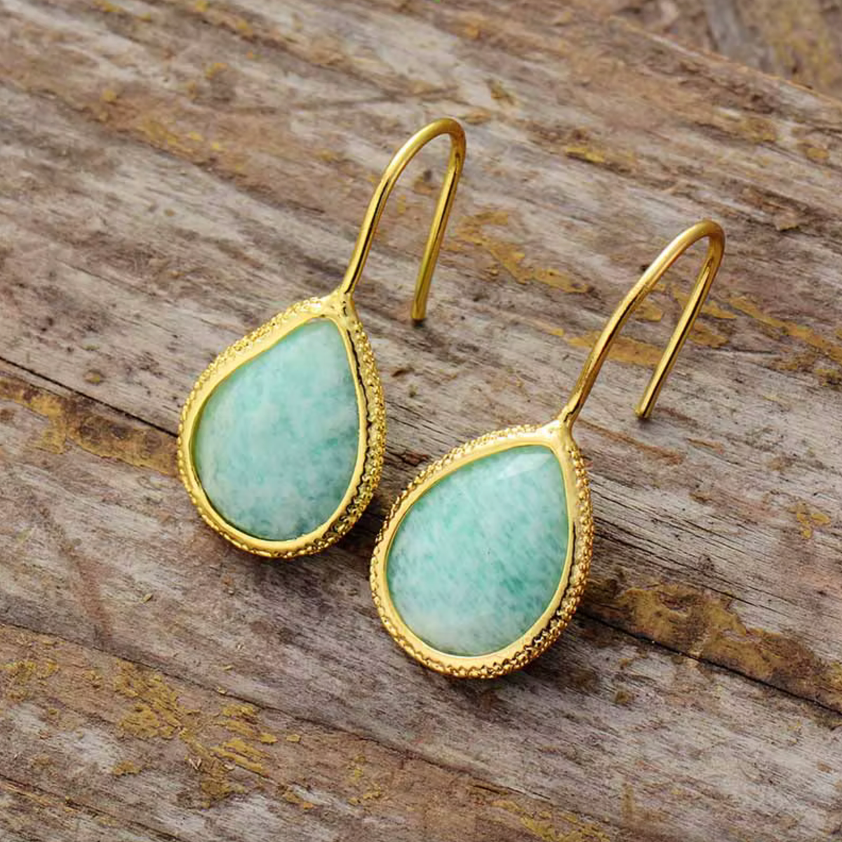 Amazonite Gemstone Teardrop Drop Earrings in Goldtone