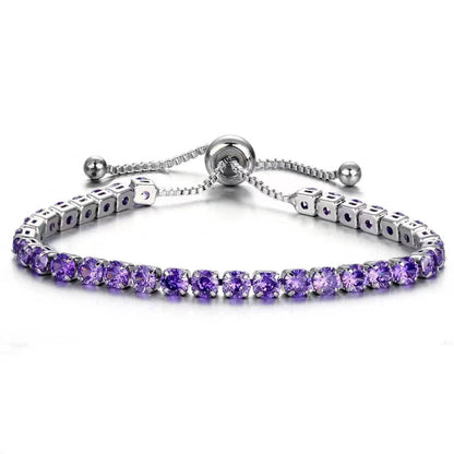 Purple Cubic Zirconia & Silvertone Adjustable Link Bracelet