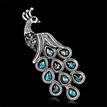 Abalone Shell & Cubic Zirconia Silvertone Peacock Brooch