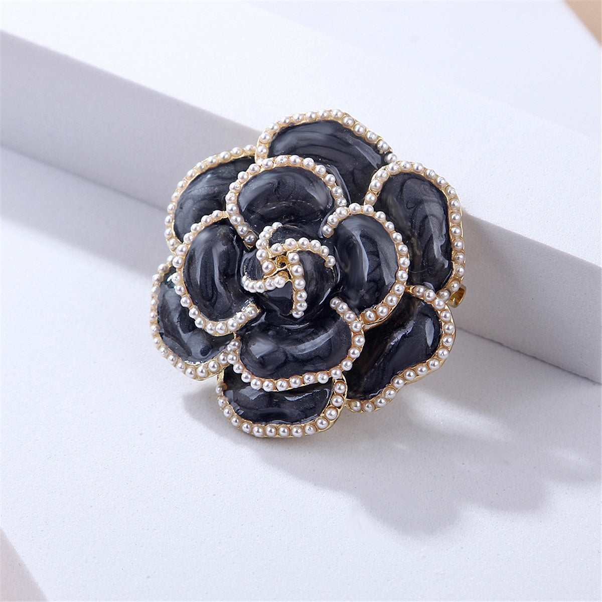 Black & Pearl Camellia Brooch