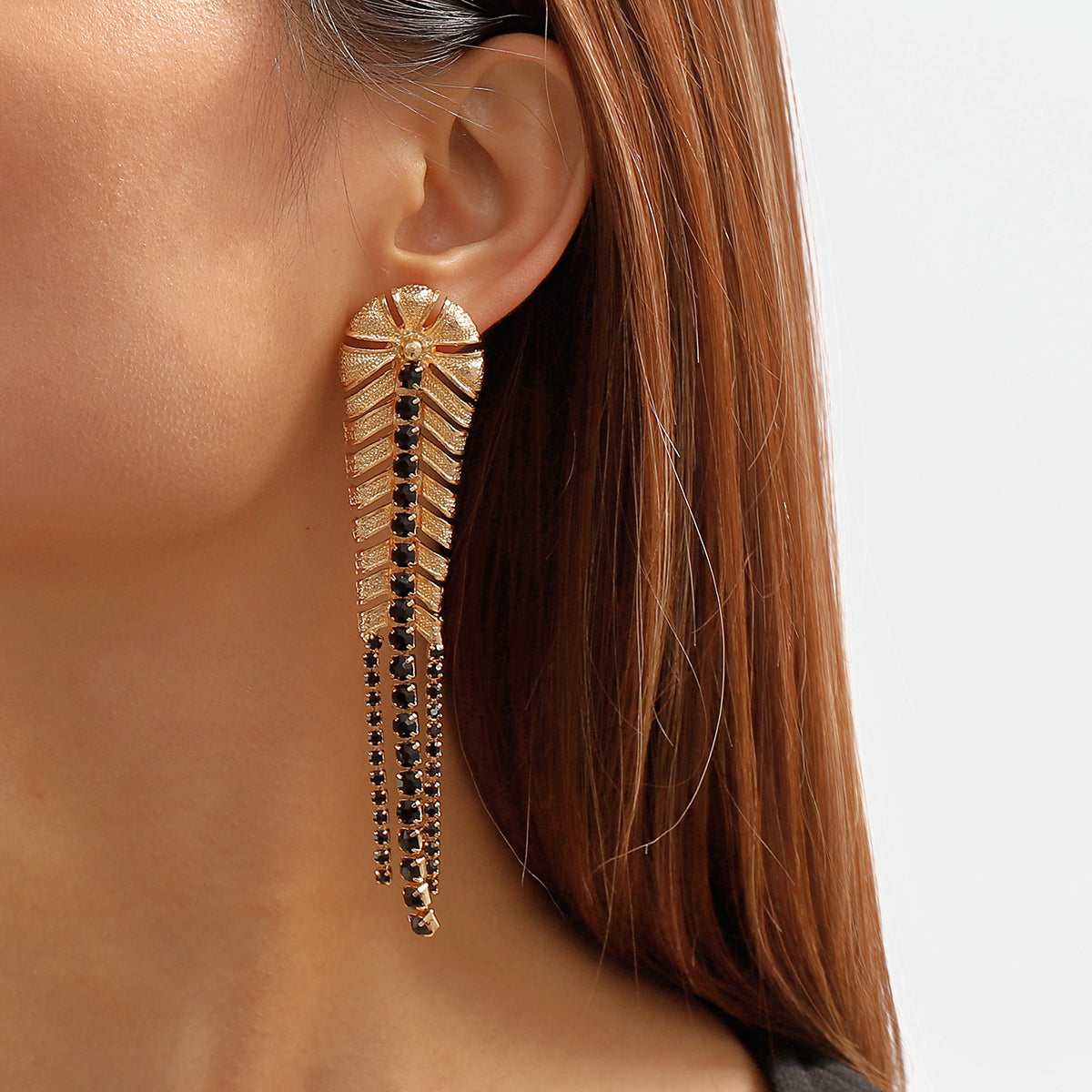Black Cubic Zirconia & Goldtone Chevron Drop Earrings