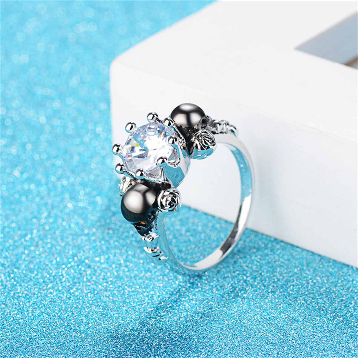 Clear Crystal & Silvertone Skull Rose Ring