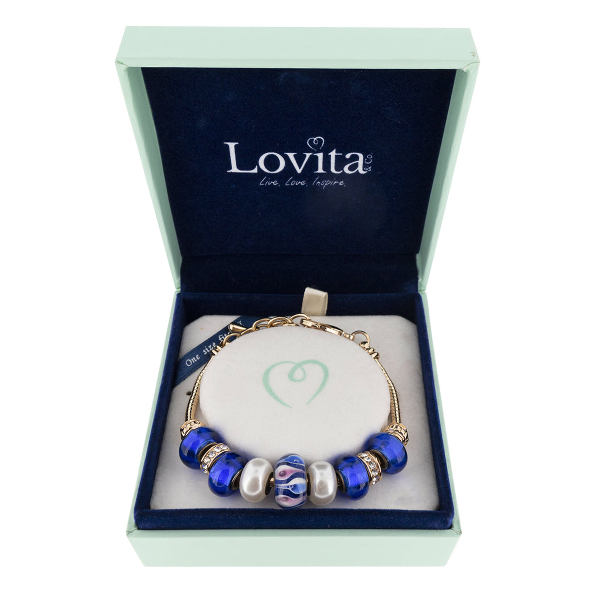 Lovita Charm Bracelet Gold Band Blue, Pink And White Teardrop