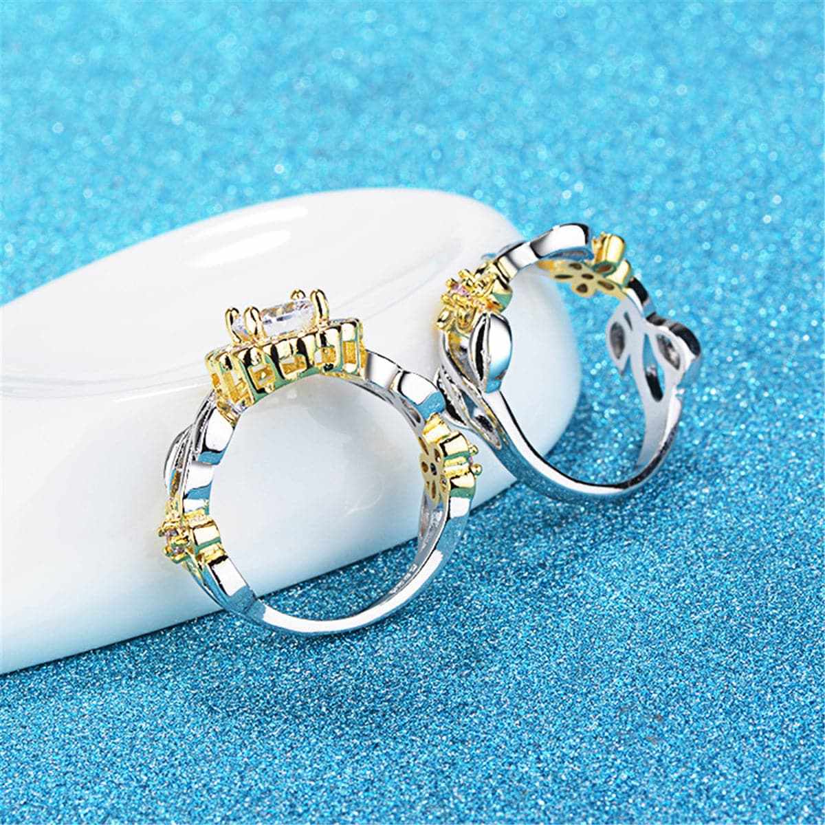 Cubic Zirconia & Two-Tone Flower Band Ring Set