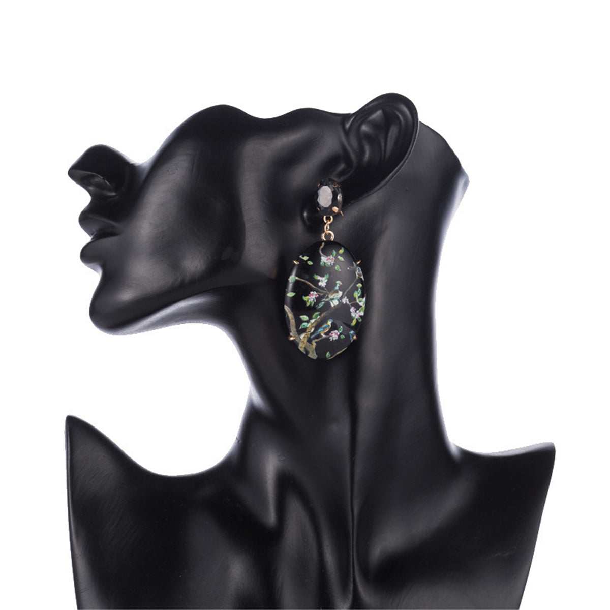 Black Crystal & Goldtone Bird Branch Oval Drop Earrings
