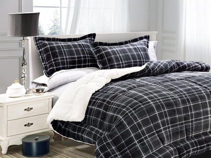 Elegant Comfort 3-Piece Plaid Micro-Suede Reversible Sherpa - Comforter Set
