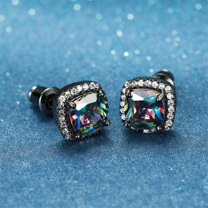 Colored Princess Crystal & Blacktone Halo Stud Earrings