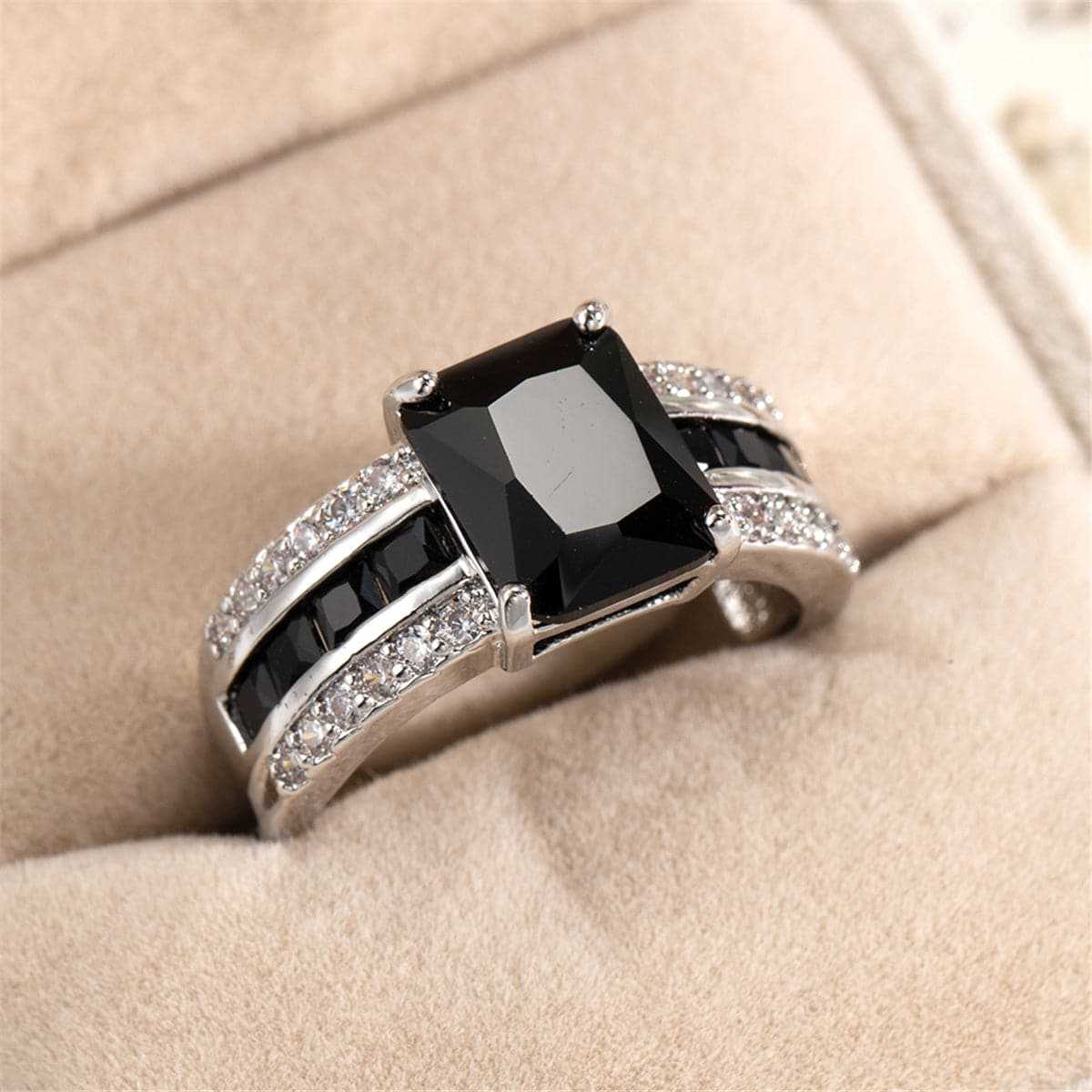 Black Crystal & Silvertone Rectangle Ring