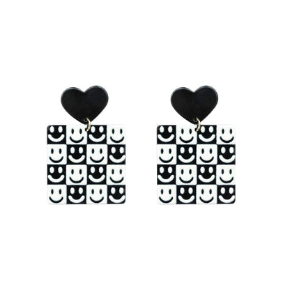 Black & White Heart Smiley Square Drop Earrings