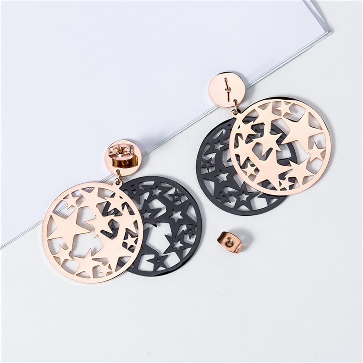 Black & Rose Goldtone Star Circle Drop Earring