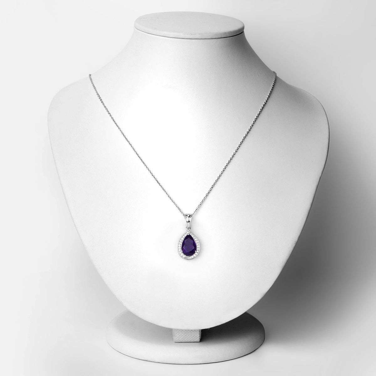 Genuine Amethyst and Lab Grown Diamond Silver Halo Necklace