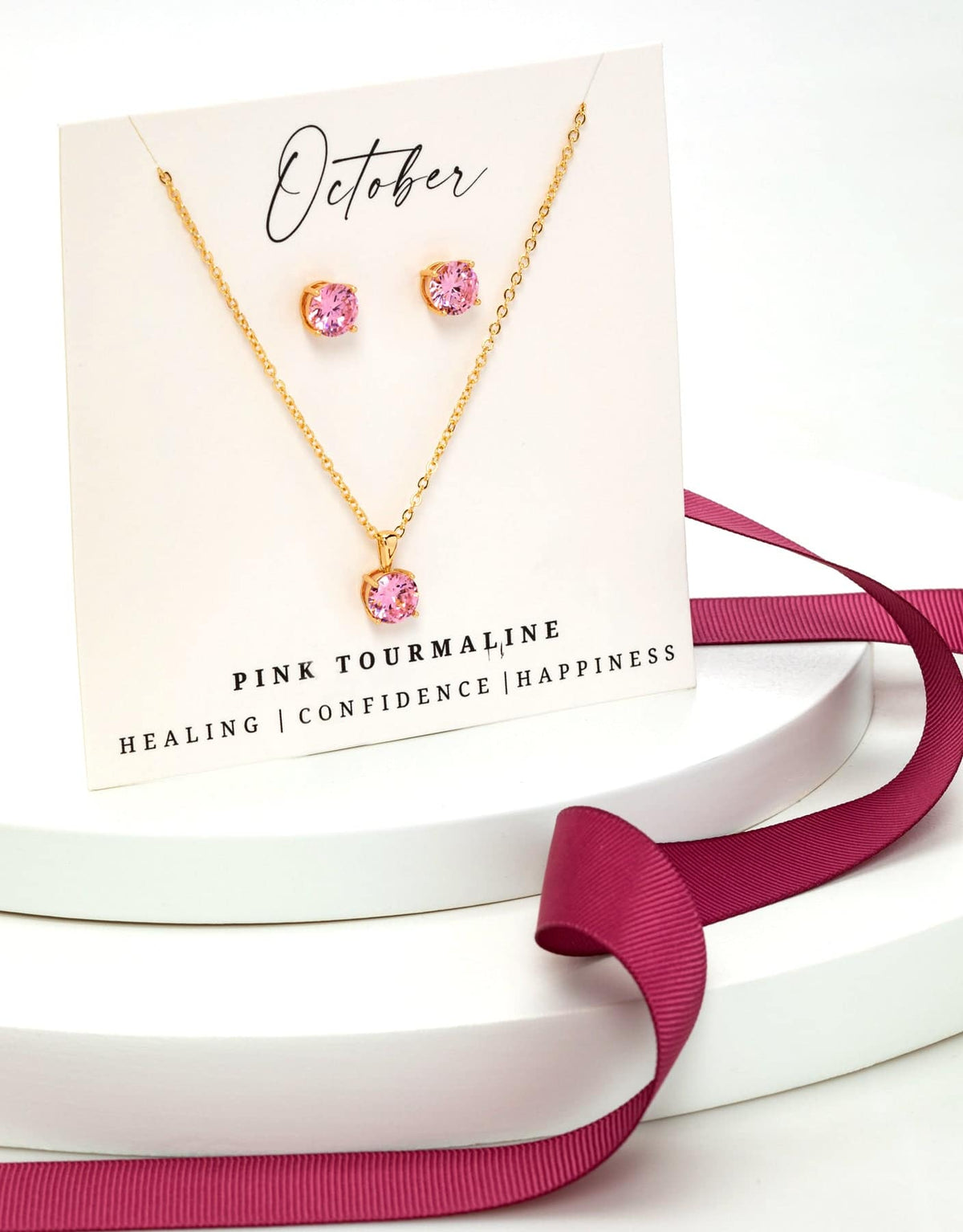 Gold Pink Tourmaline - October Swarovski Crystal Necklace Earrings – Cz Birthstone Stud Earring Circular Pendant Set