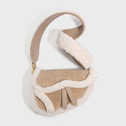 Apricot Beige Furry Saddle Shoulder Bag