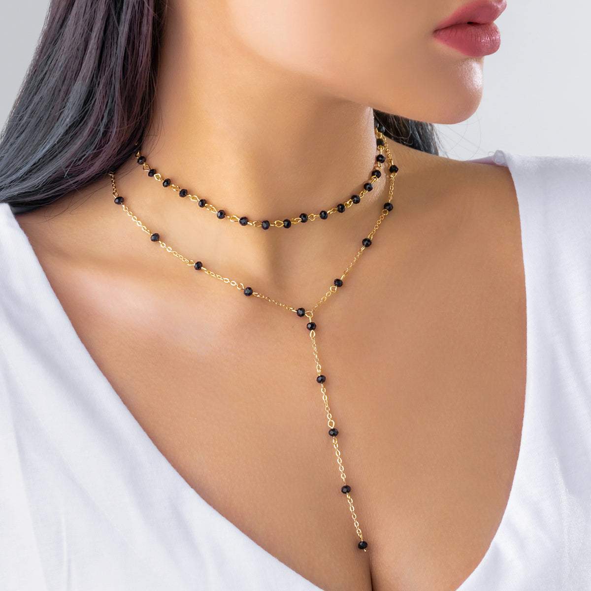 Black Acrylic & Goldtone Lariat Necklace & Choker