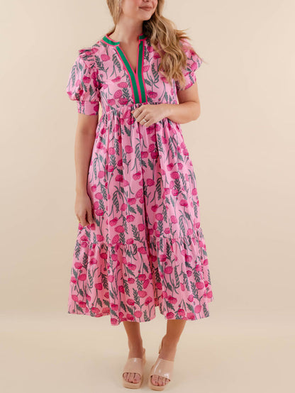 Women's Summer Midi Dress Casual Floral Puff Short Sleeve V Neck Swing