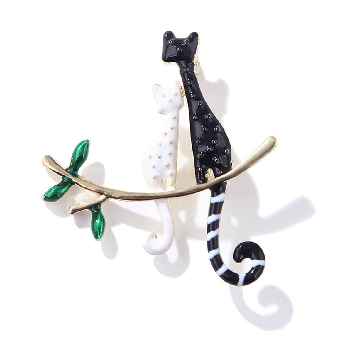 Black & White Enamel Goldtone Double Spotted Cat Brooch