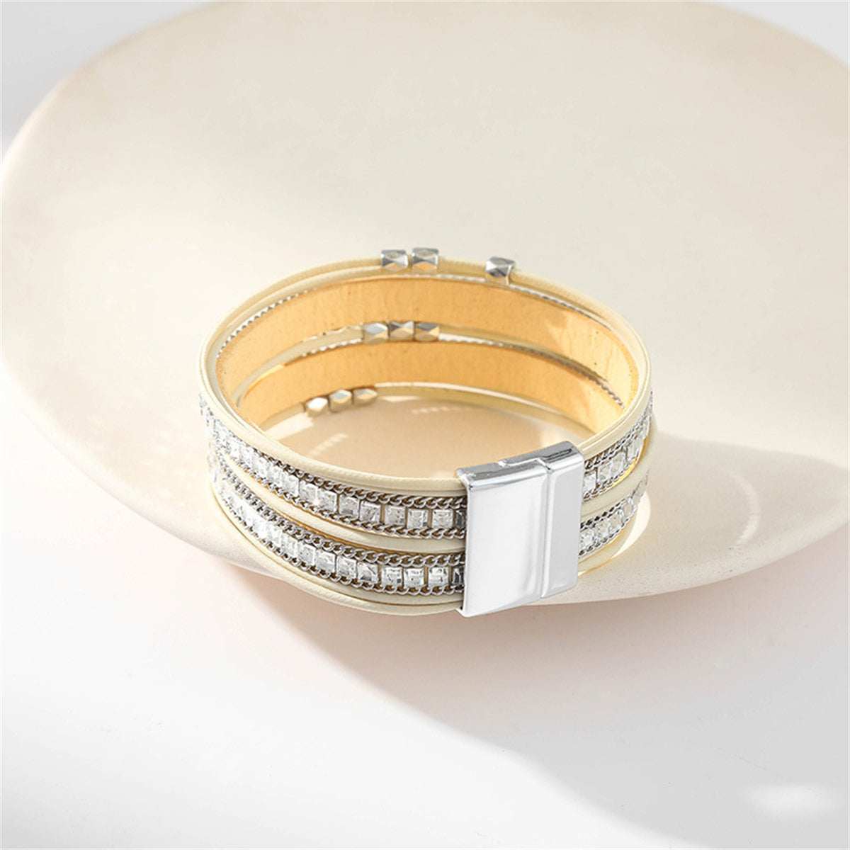 Beige Polystyrene & Silvertone Multi-Strand Bracelet