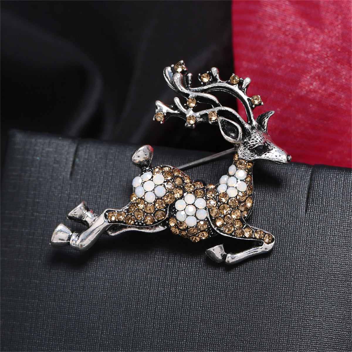 Cubic Zirconia & Silvertone Reindeer Brooch