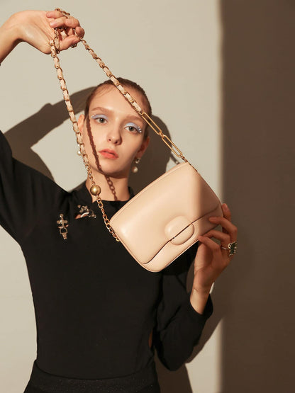 Structured Buckle Leather Shoulder Bag