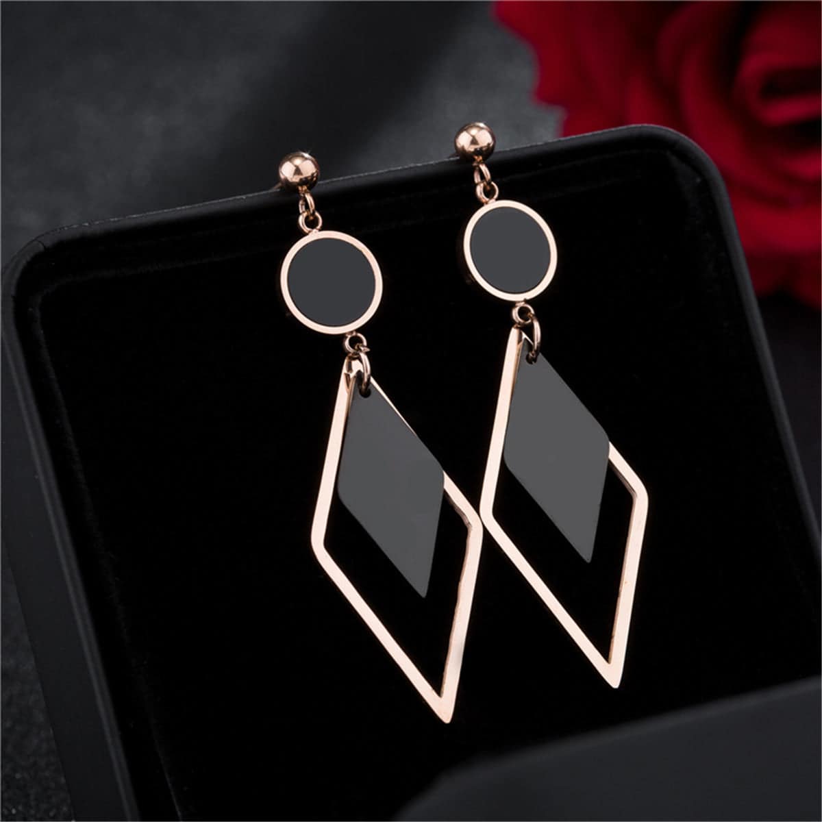 Black Acrylic & Rose Goldtone Stacked Rhombus Drop Earrings