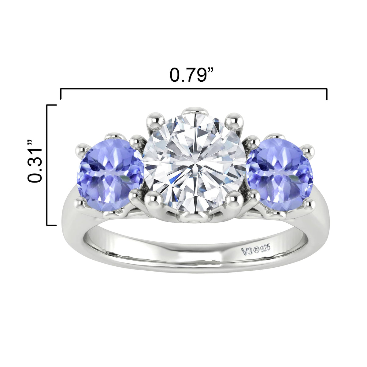 Sterling Silver 1.30CT Moissanite and Tanzanite Three Stone Ring