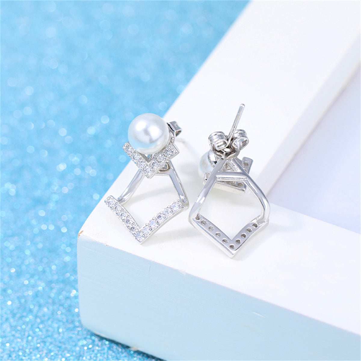 Pearl & Cubic Zirconia Silvertone Rhombus Ear Jackets